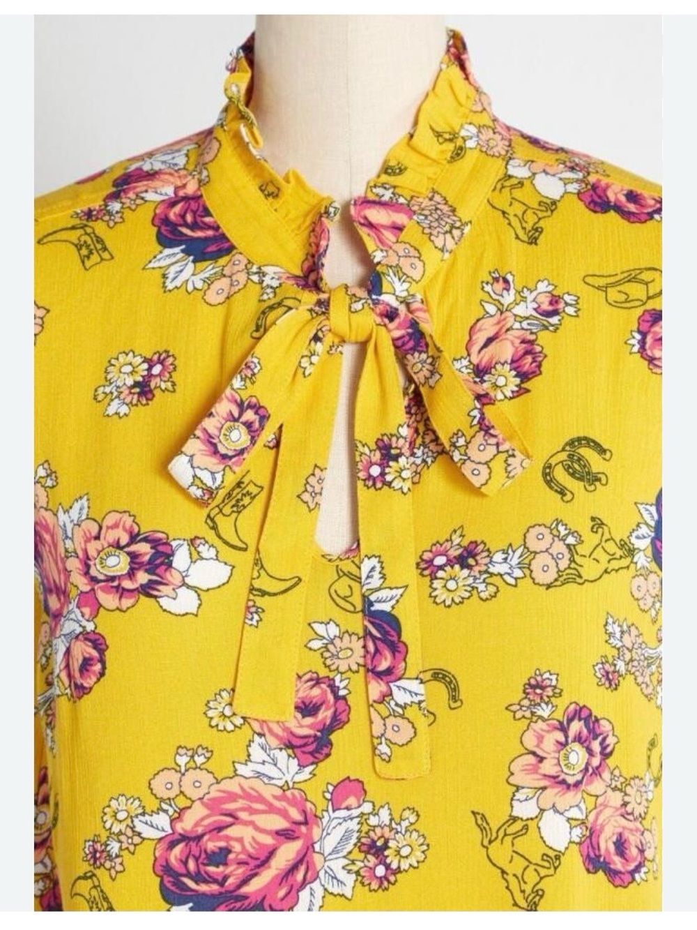 Modcloth Yellow Western Floral Tie-Neck Tank Top